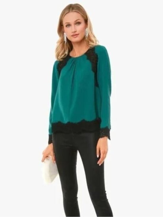 Tuckernuck Juniper Green Black Scalloped Lace Vail Blouse Size XL - Picture 1 of 6